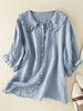 Women's Cotton Linen Loose Peter Pan Ruffle Neck Shirt