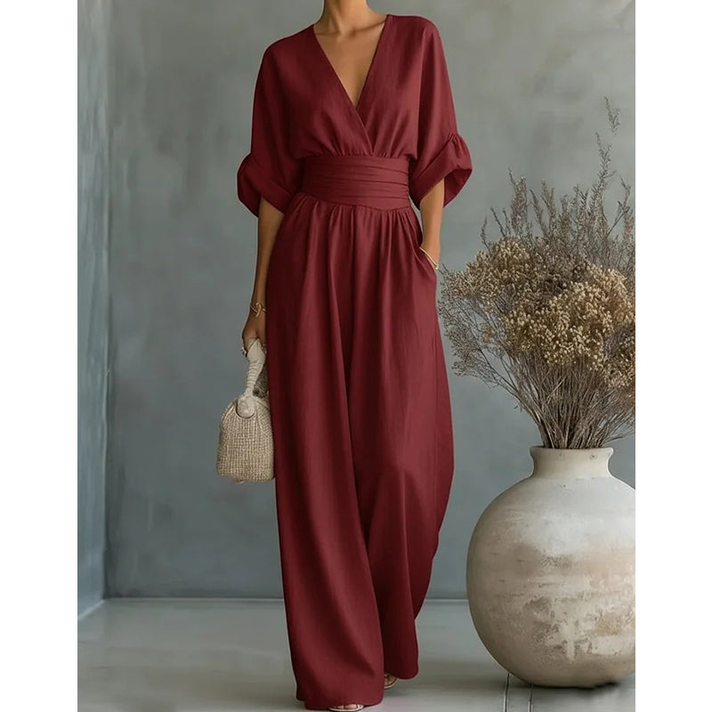 Elegant Women's Jumpsuit with V-Neck and Wide-Leg High Waist