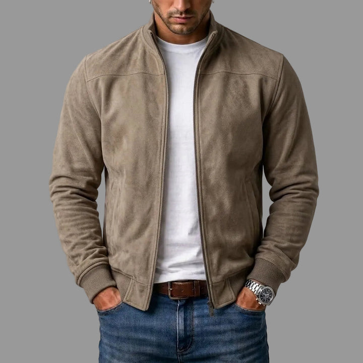 Men's Faux Suede Bomber Jacket with Stand Collar and Full-Length Zip