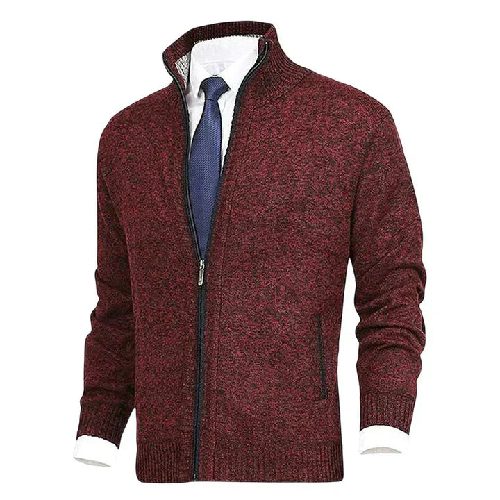 Knitted Zip-Up Cardigan with Collar and Pockets