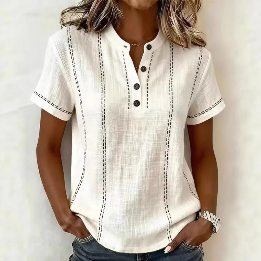 Women's Casual Striped Stand Collar Button Shirt