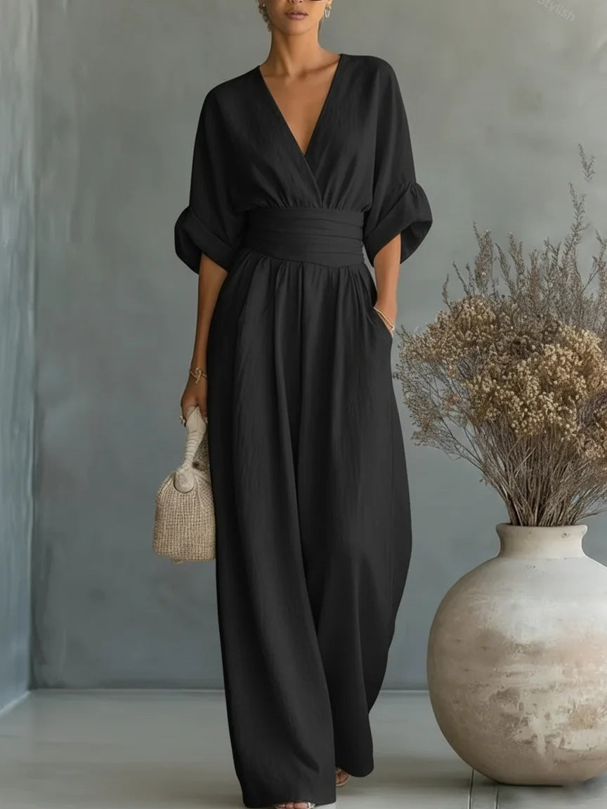 Elegant Women's Jumpsuit with Wide Leg, V-Neck and Flowing Cut