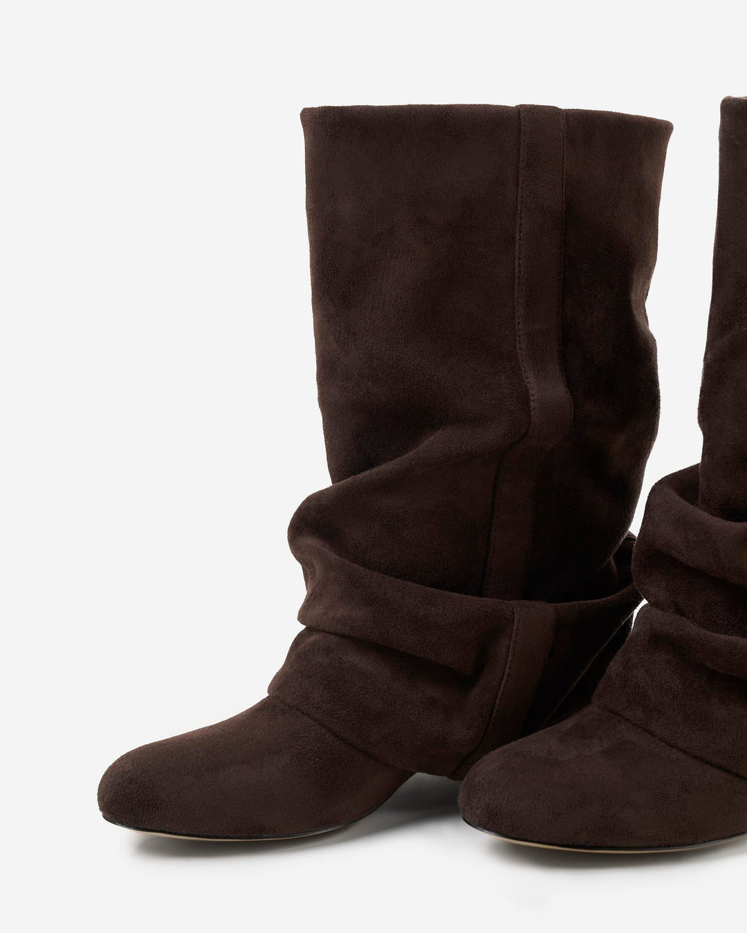 Women's slouchy knee-high boots with concealed heel, round toe, dark chocolate