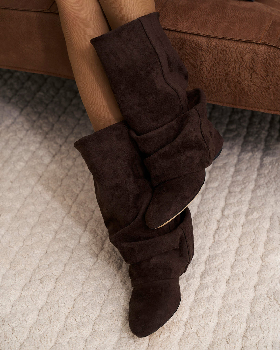 Women's slouchy knee-high boots with concealed heel, round toe, dark chocolate