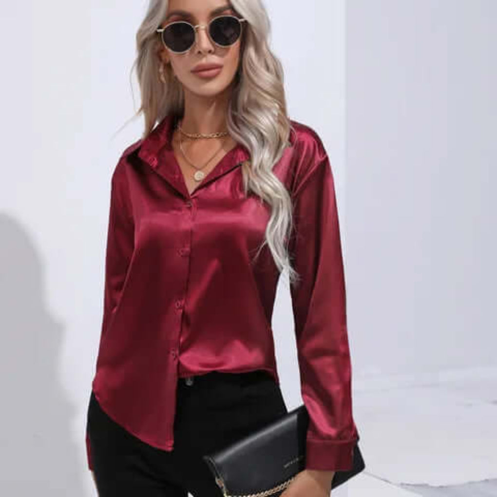 Women's Satin Loose Fit Long Sleeve Blouse