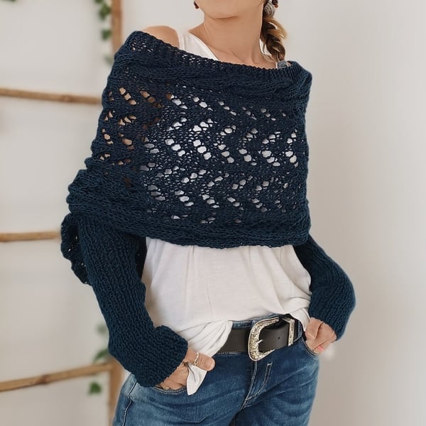 Wrap scarf with double sleeves - cozy knitted scarf with integrated sleeves
