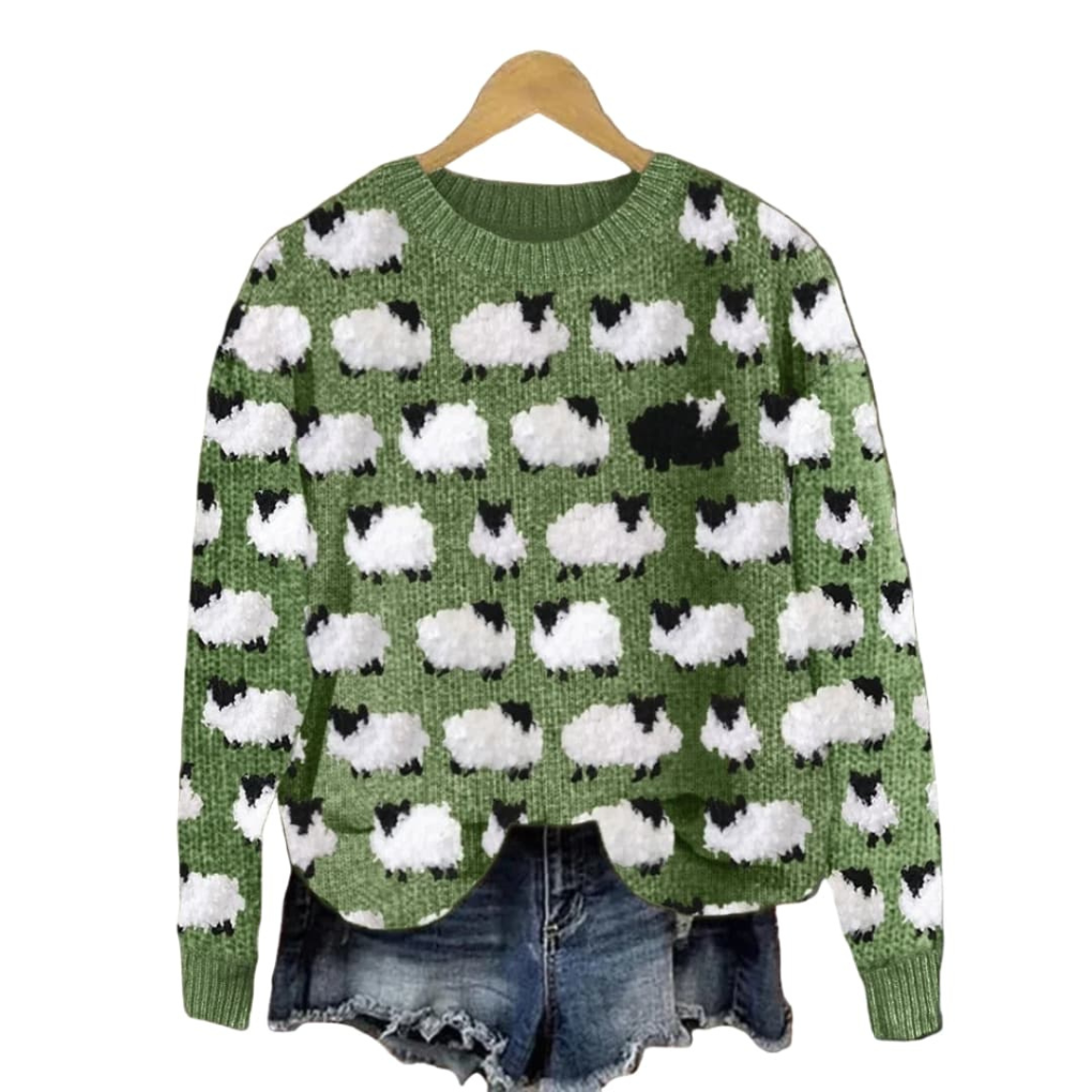 Women's Knit Sweater with Tree Pattern and Round Neckline