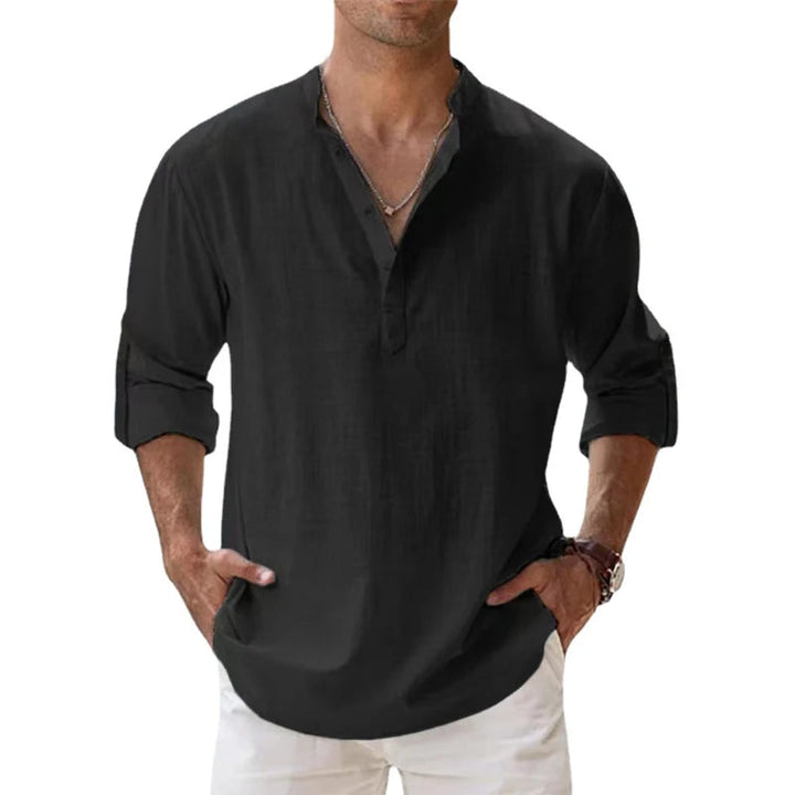 Men's Linen Henley Shirt, Relaxed Button-Placket Top for Summer