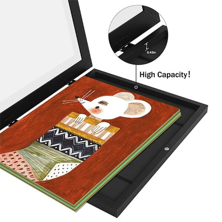 Children's picture frame with hinged opening for A4 drawings, holds up to 150 pieces, MDF and tempered glass