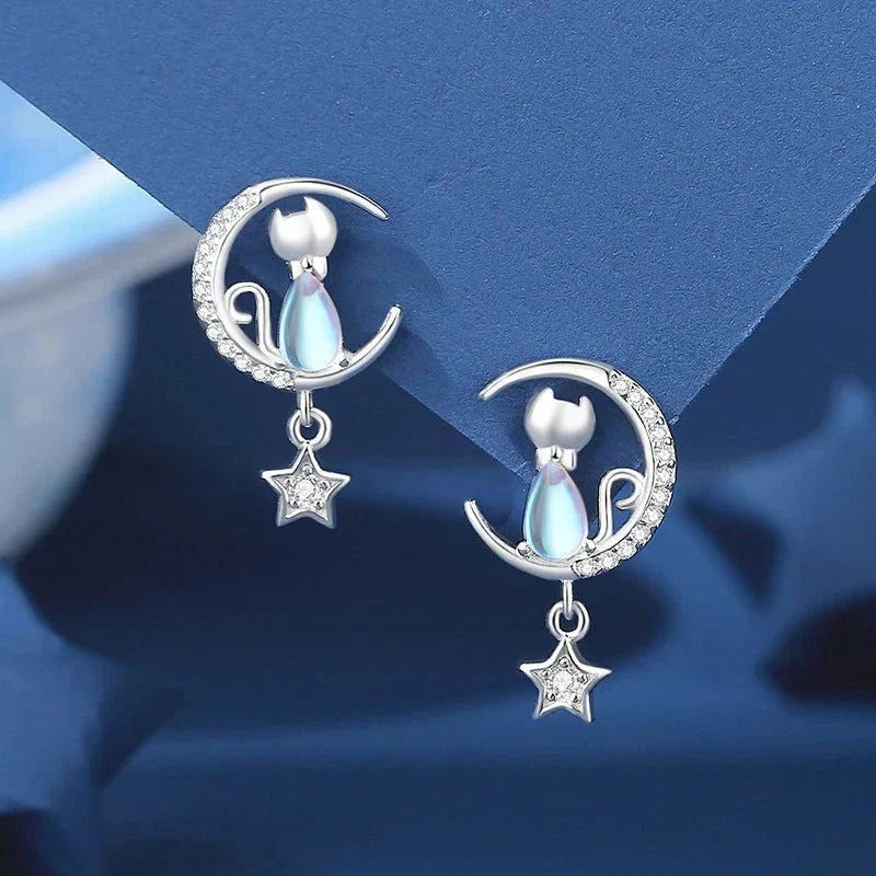 Sterling Silver Moon & Star Cat Earrings with Cubic Zirconia
