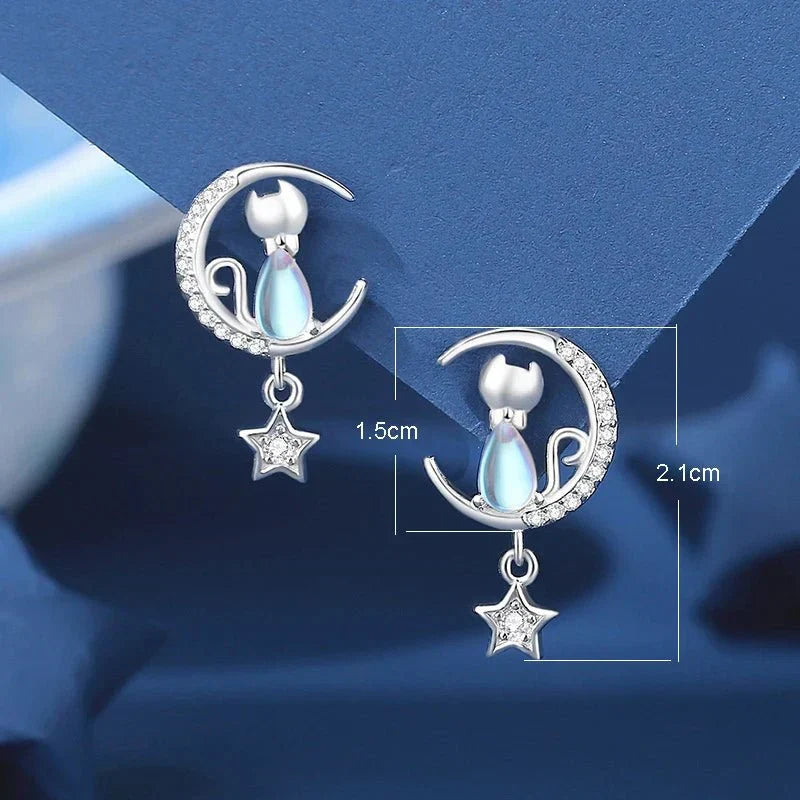 Sterling Silver Moon & Star Cat Earrings with Cubic Zirconia