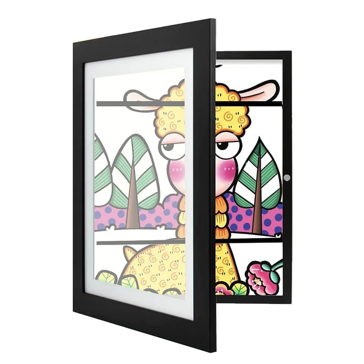 Children's picture frame with hinged opening for A4 drawings, holds up to 150 pieces, MDF and tempered glass