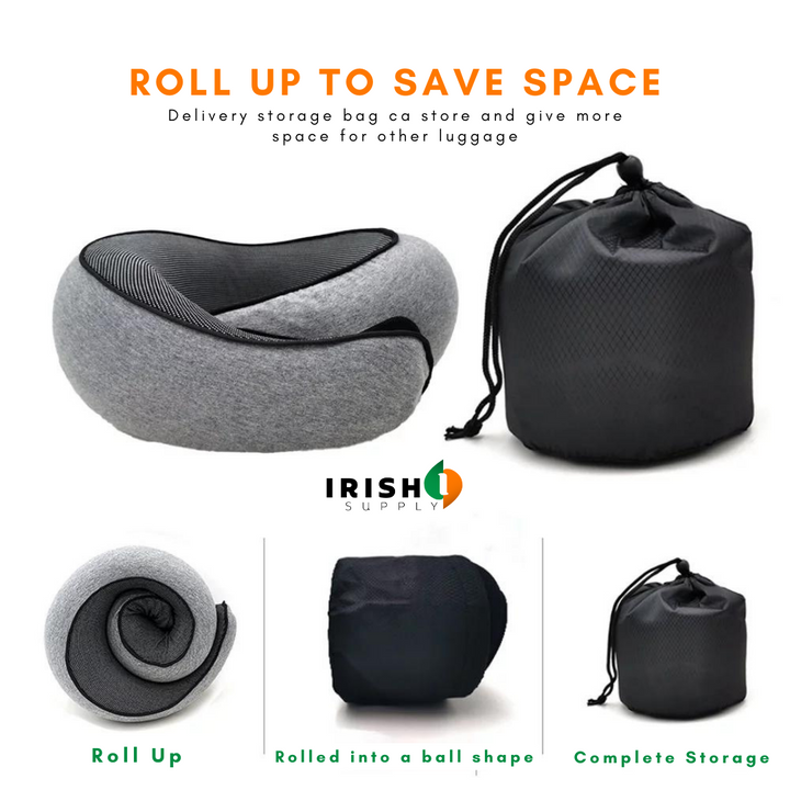 Front-support neck travel pillow with memory foam and fastener for sleeping on a plane