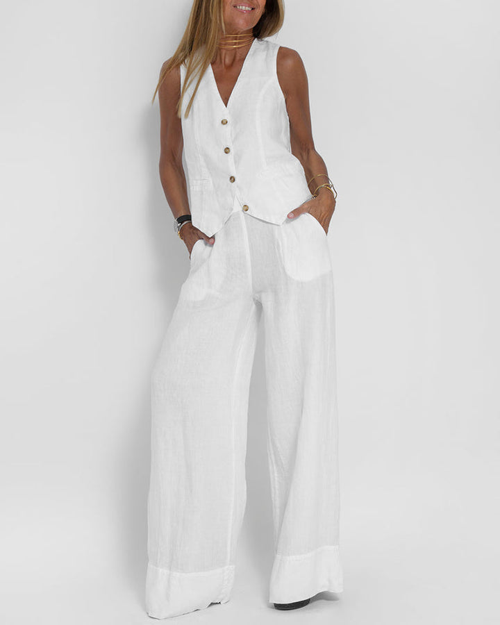 Linen 2-Piece Set with Wide-Leg Pants and Waistcoat – Alma