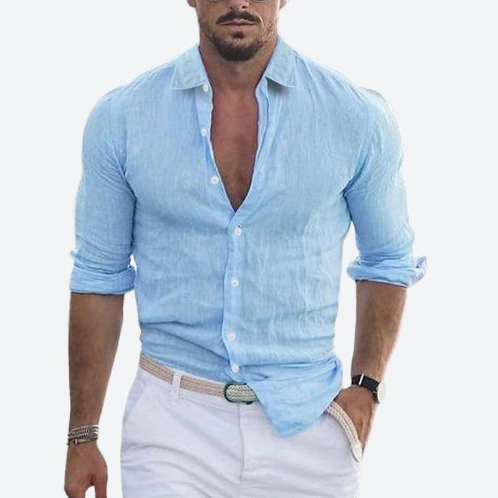 Men's slim-fit linen shirt, open collar, summer button-up shirt