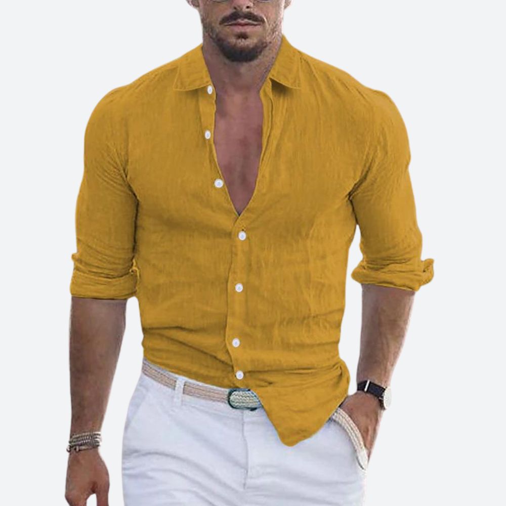 Men's slim-fit linen shirt, open collar, summer button-up shirt