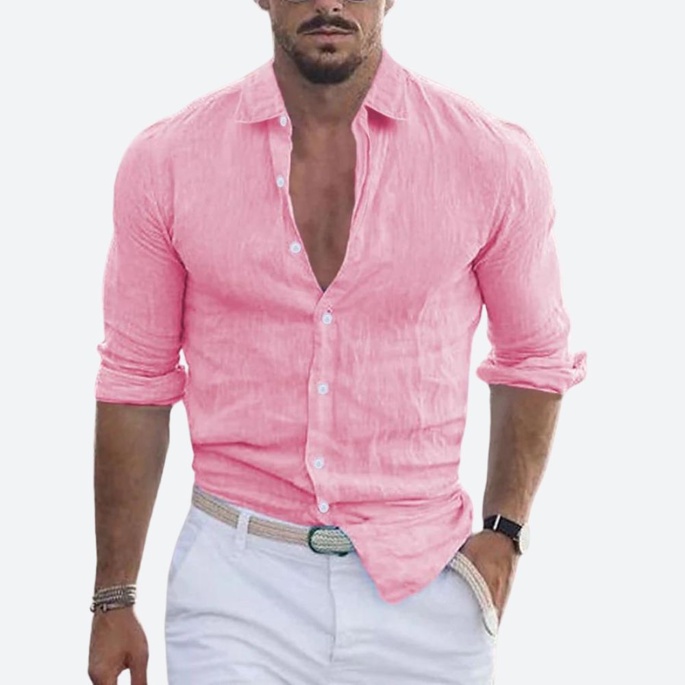 Men's slim-fit linen shirt, open collar, summer button-up shirt