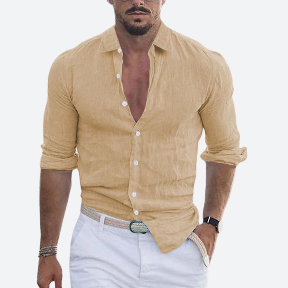 Men's slim-fit linen shirt, open collar, summer button-up shirt