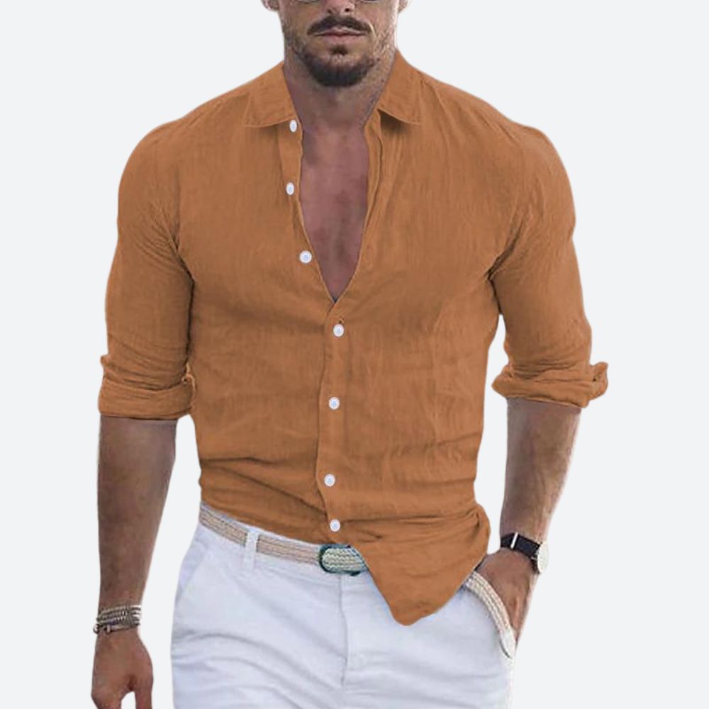 Men's slim-fit linen shirt, open collar, summer button-up shirt