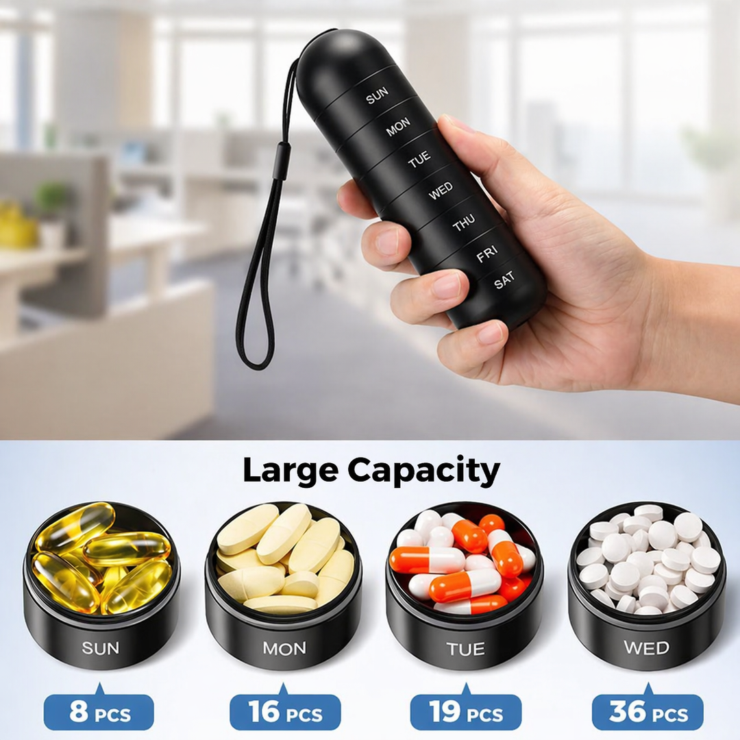 Aluminum pill box with 7 compartments | Compact, shock-resistant travel container