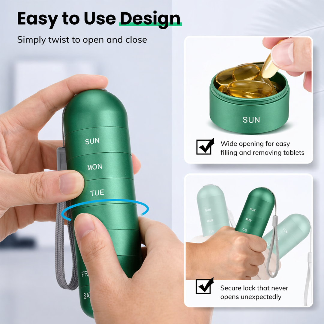 Aluminum pill box with 7 compartments | Compact, shock-resistant travel container