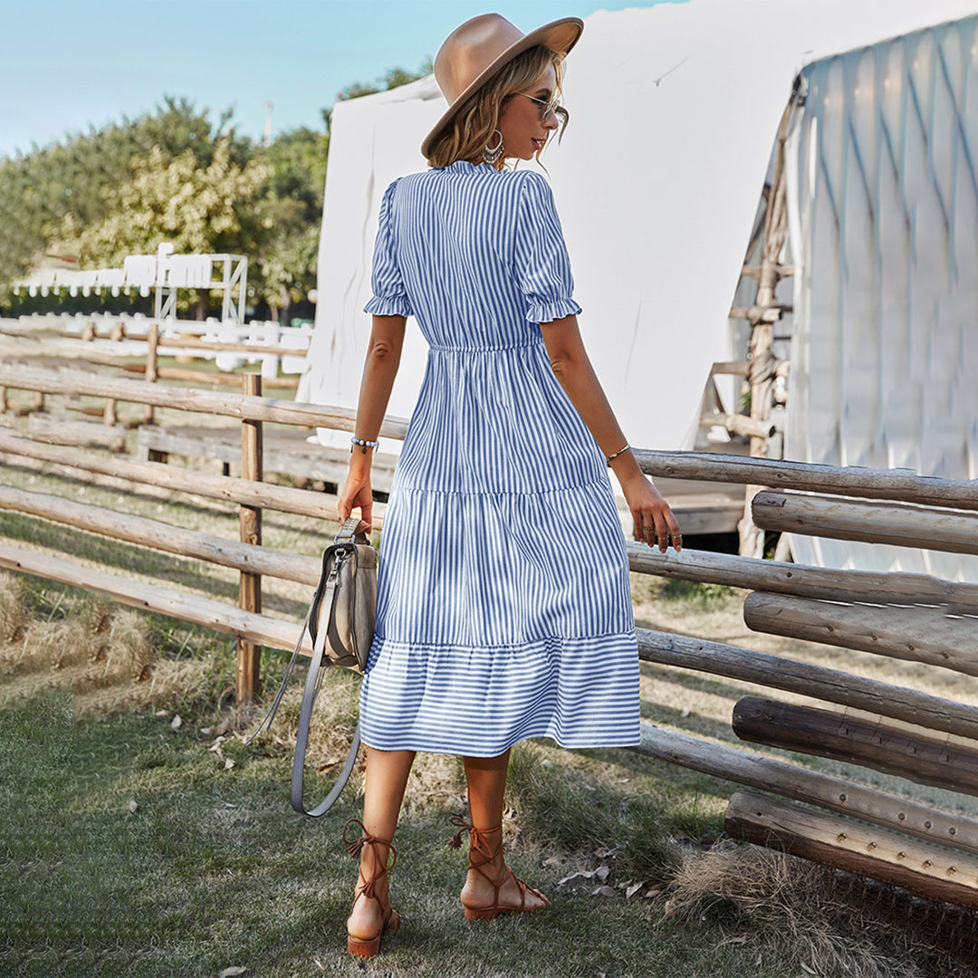Striped Summer Dress with Lantern Sleeves and V-Neck