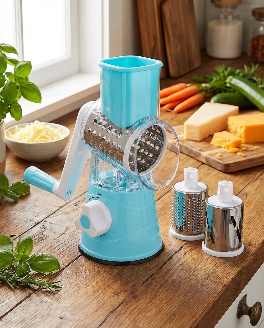 3-in-1 Rotary Vegetable Slicer with Suction Base and Interchangeable Drums