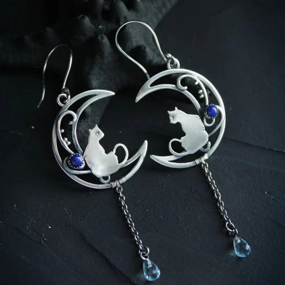 Blue Cubic Zirconia Cat Boho Earrings in Sterling Silver