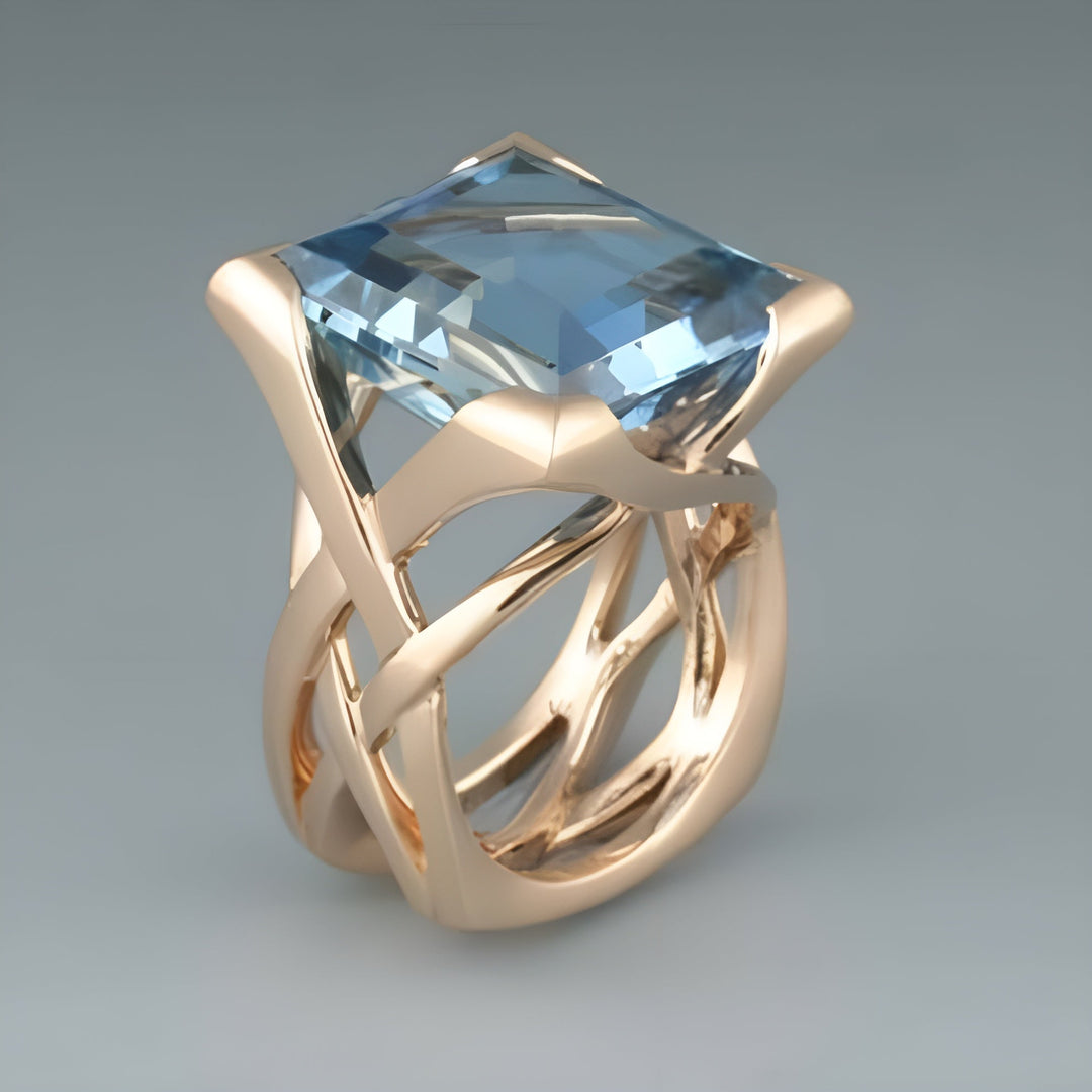 Vintage Rose Gold Ring with Blue Cubic Zirconia