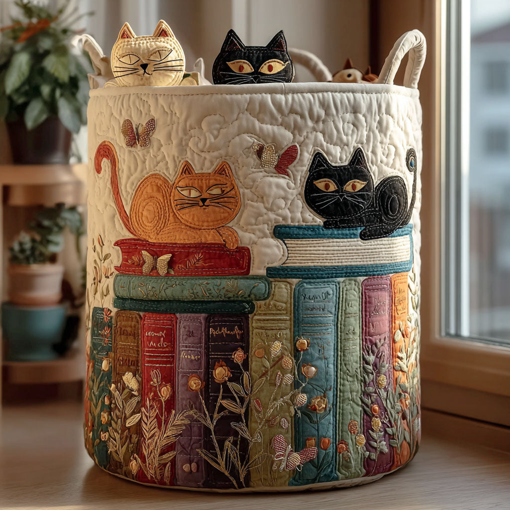 Hand-quilted storage basket with embroidered cat parade pattern