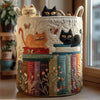 Hand-quilted storage basket with embroidered cat parade pattern