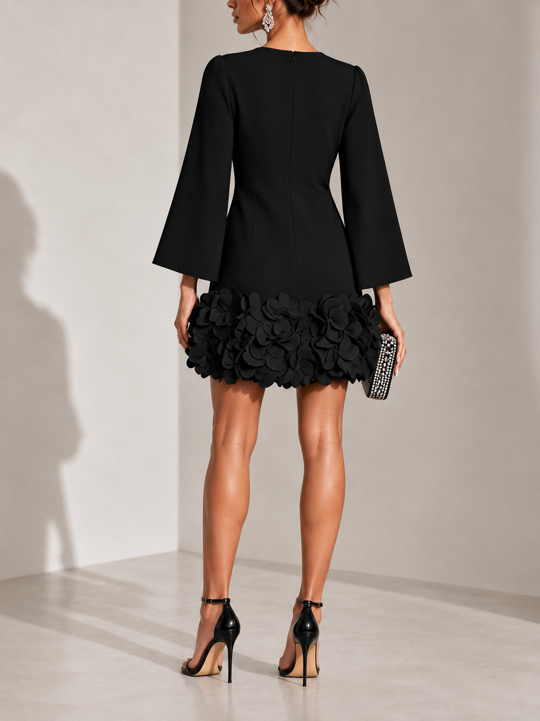 Elegant Short Dress with 3D Floral Appliqué and Flared Long Sleeves