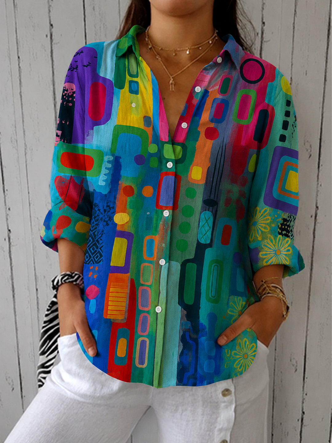 Women's Blouse with Artistically Patterned Button Fastening and Relaxed Fit