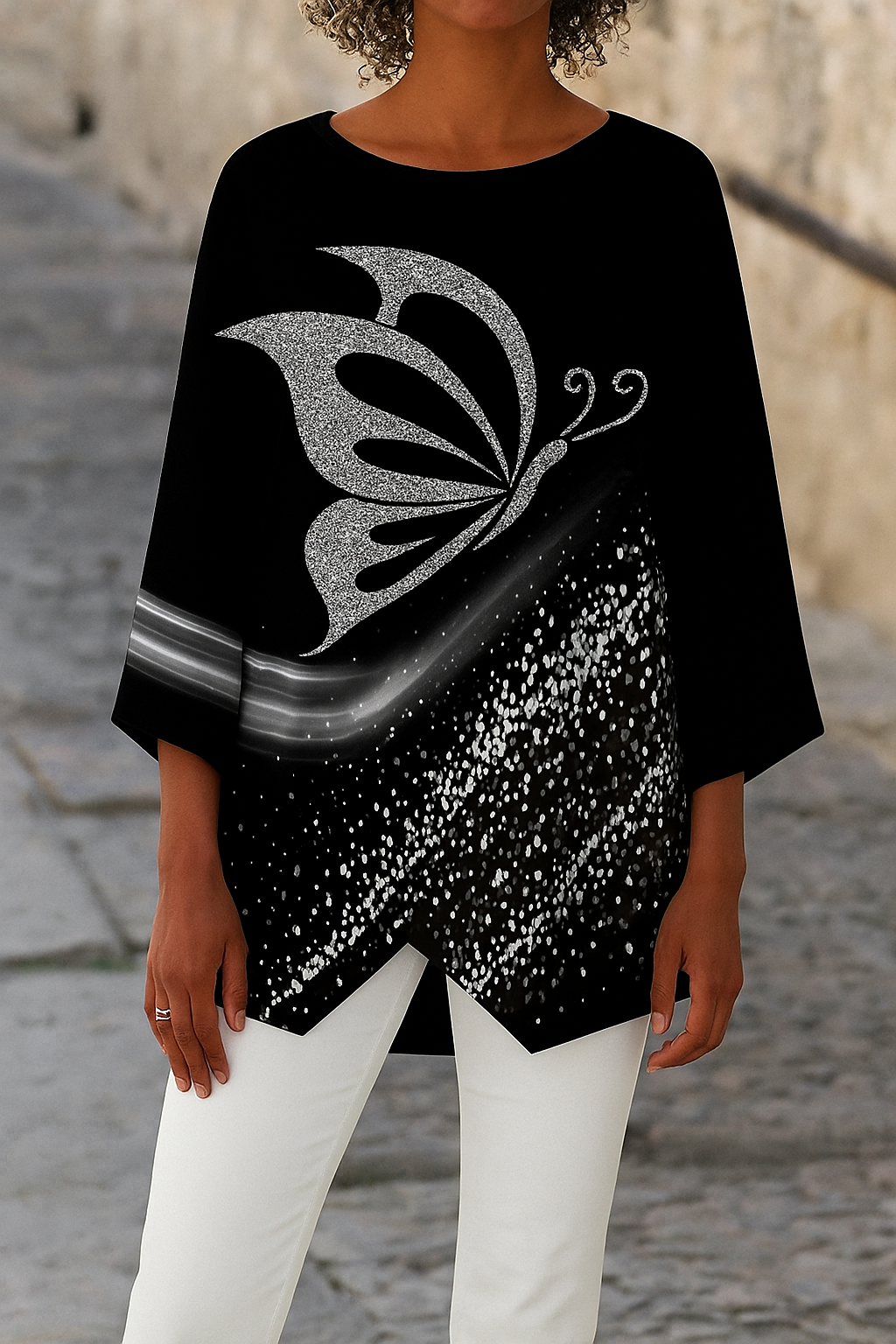 Women's Butterfly Print Blouse Round Neck & Long Sleeves