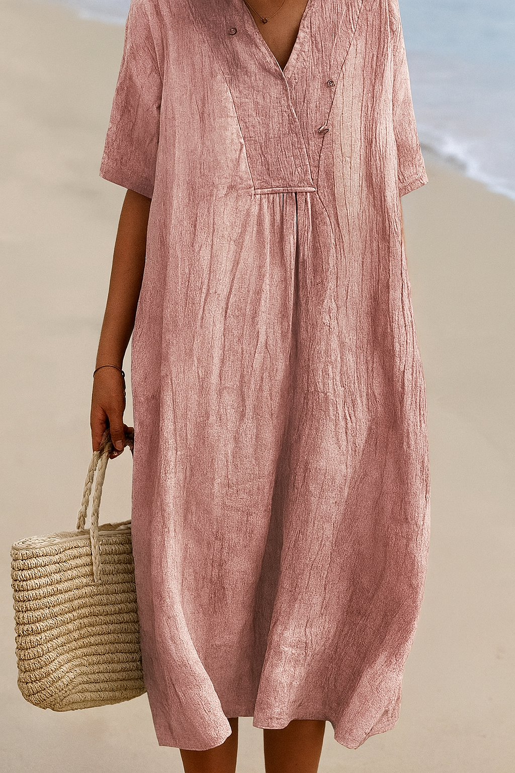 Relaxed Beach Dress with V‑Neck and  Short Sleeves