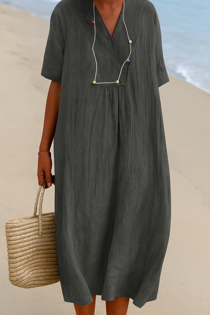 Relaxed Beach Dress with V‑Neck and  Short Sleeves