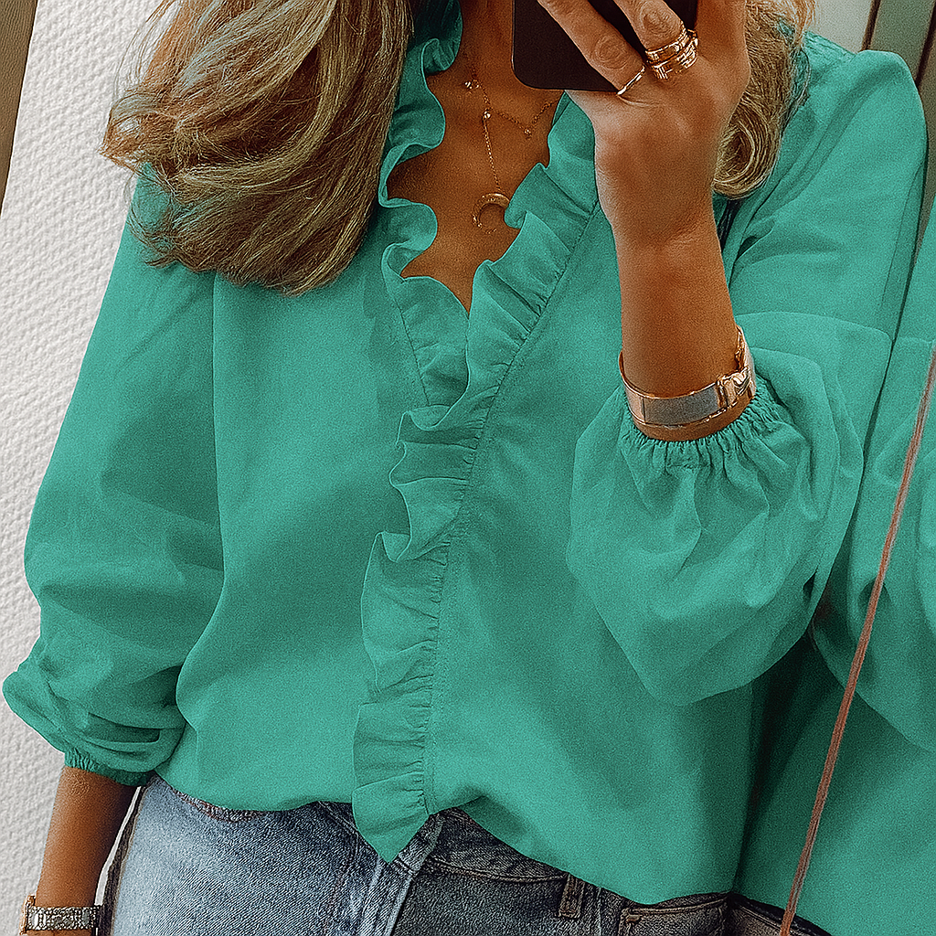 Teal Ruffle Trim Blouse with Puff Sleeves