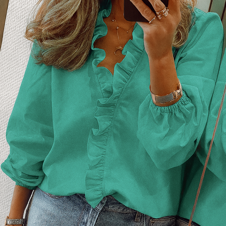 Teal Ruffle Trim Blouse with Puff Sleeves