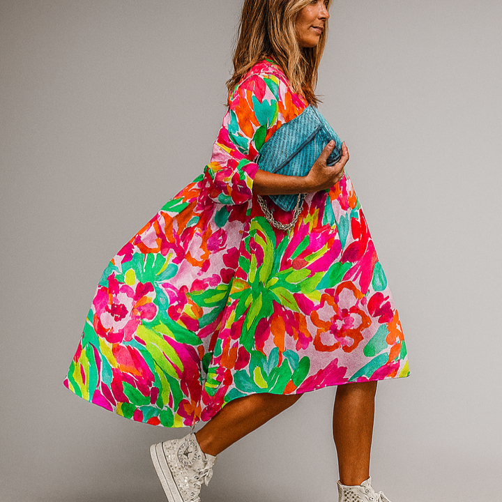 Oversized Floral Print Midi Shirt Dress