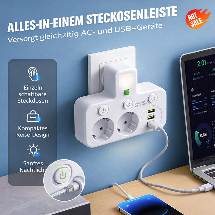 Power Strip with USB and Switches | Multi-Socket Surge Protector 2500 W