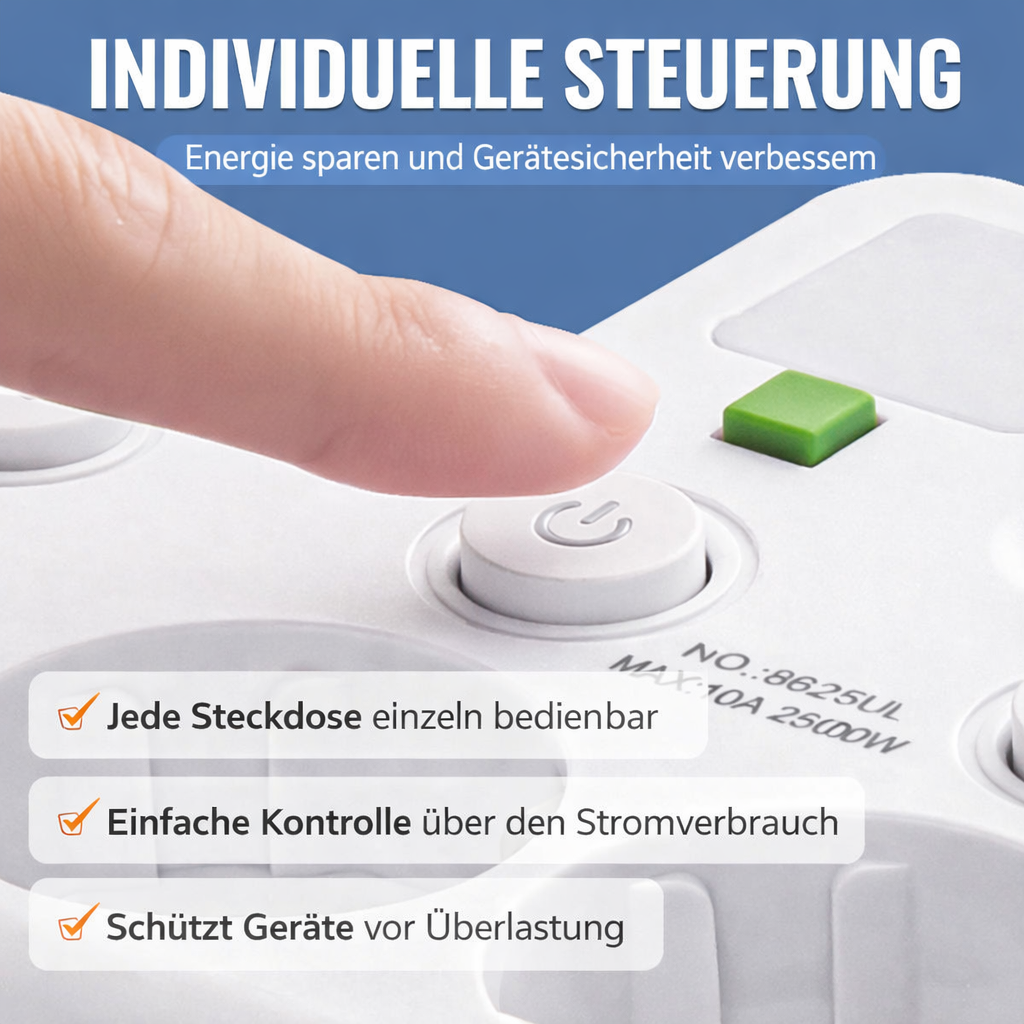 Power Strip with USB and Switches | Multi-Socket Surge Protector 2500 W