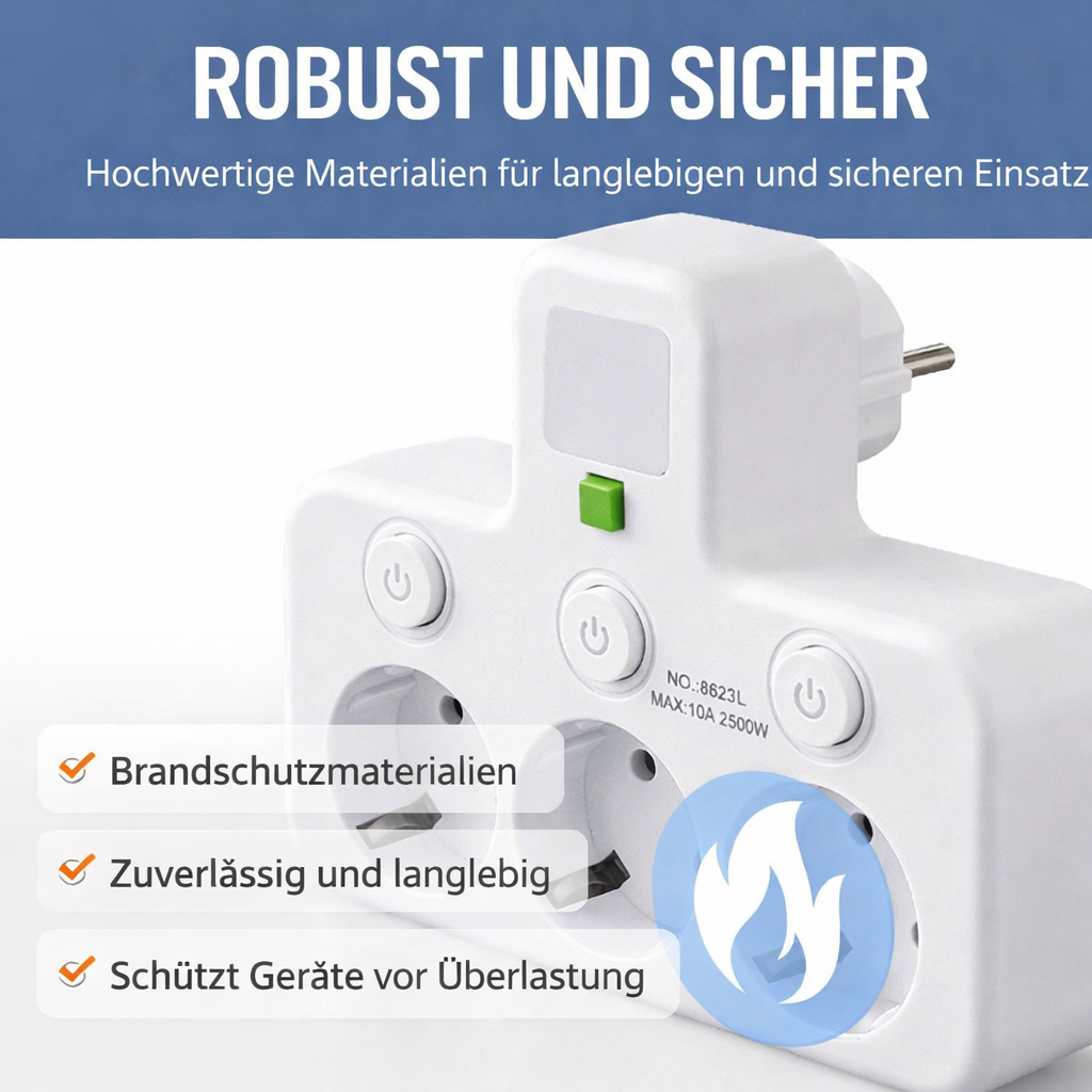 Power Strip with USB and Switches | Multi-Socket Surge Protector 2500 W