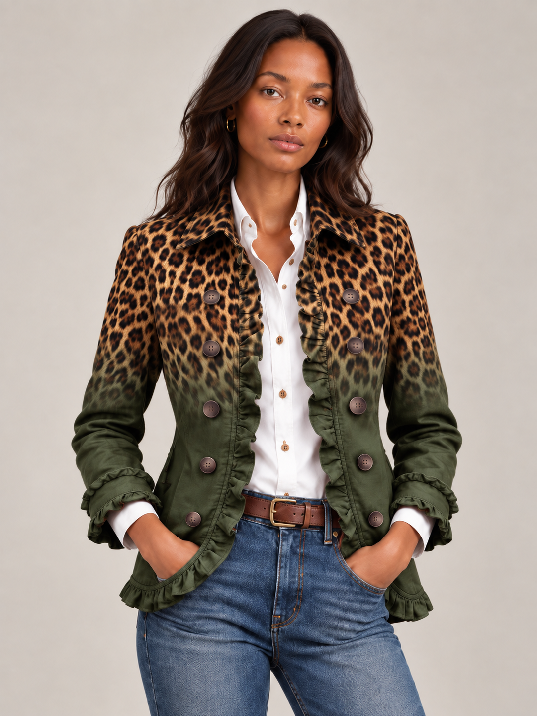 Women's Blazer with Leopard Print Gradient and Ruffles, Double-Breasted Front