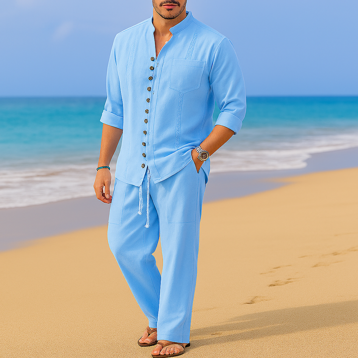 Mens Vintage Cotton Linen Blend Pullover Shirt