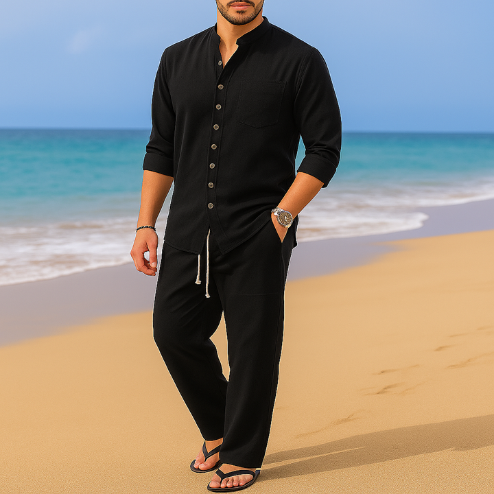 Mens Vintage Cotton Linen Blend Pullover Shirt