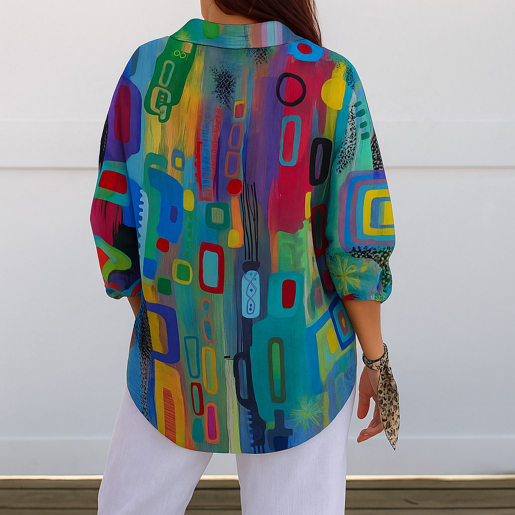 Women's Blouse with Artistically Patterned Button Fastening and Relaxed Fit