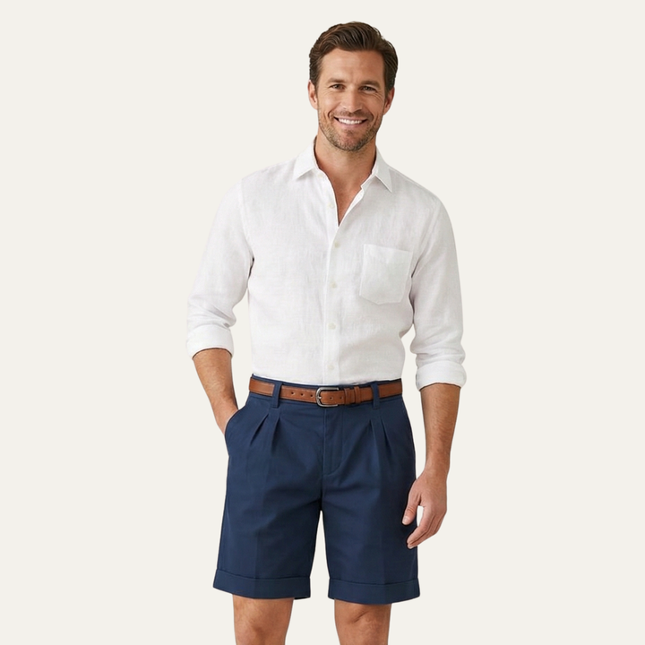 Classic Men's Chino Shorts with Double Pleats and Turned-Up Hem.