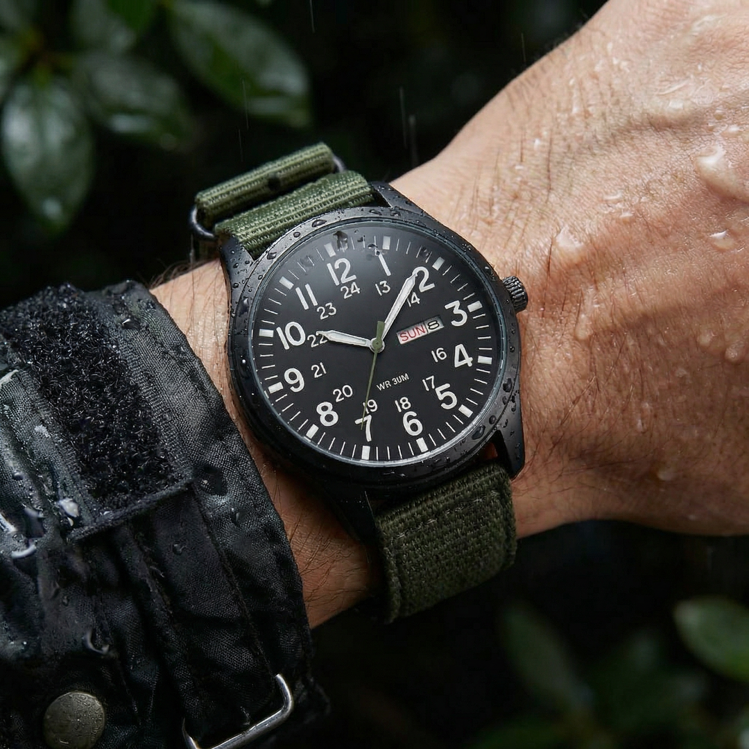 Men's Field-Style Watch with Woven Fabric Strap and Day-Date Display
