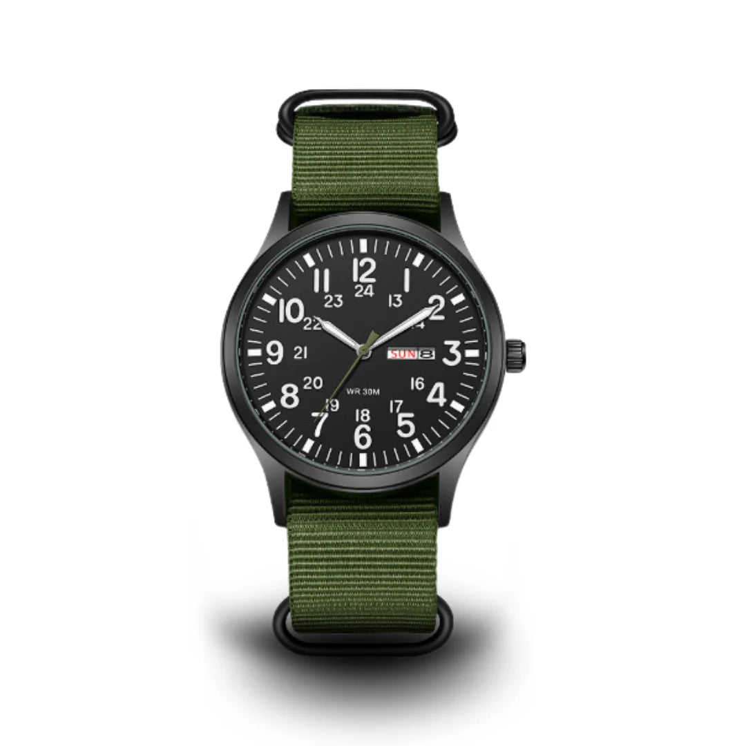 Men's Field-Style Watch with Woven Fabric Strap and Day-Date Display