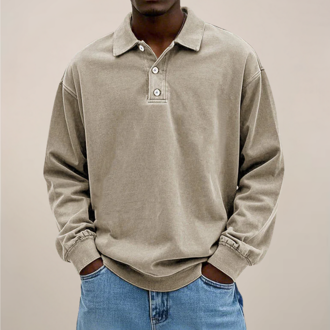 Men's Long-Sleeve Polo Shirt with Button Placket and Relaxed Fit